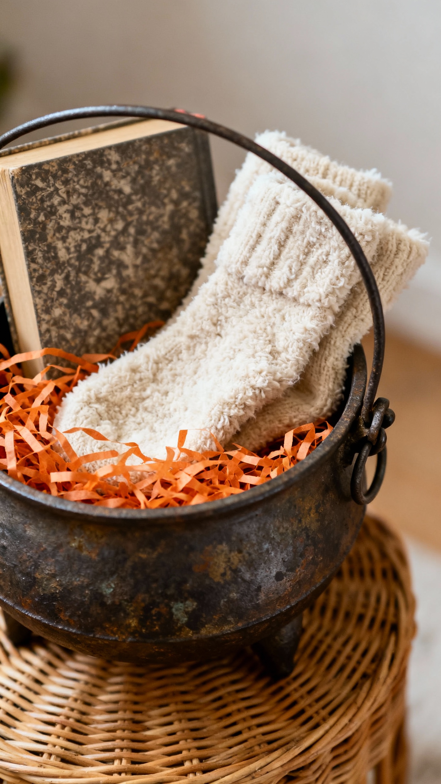 Closeup of mini cauldron basket with fuzzy socks, board book, shredded orange tissue