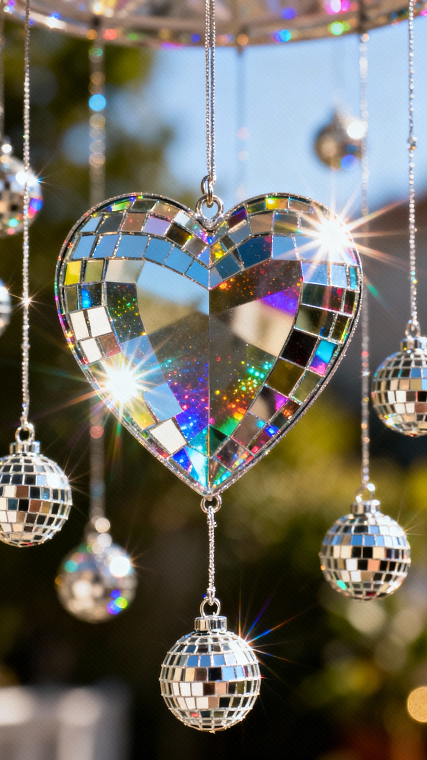 Closeup of mirrored disco heart mobile with mini disco balls, sunlight sparkles
