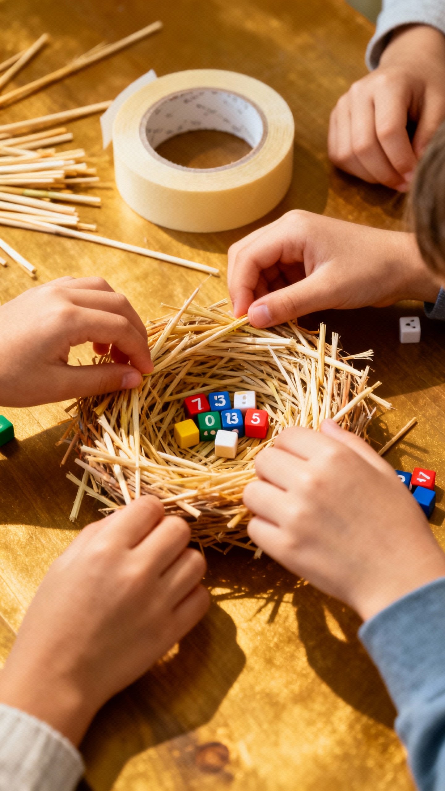Closeup of small team building turkey nest with straws, tape, counting cubes