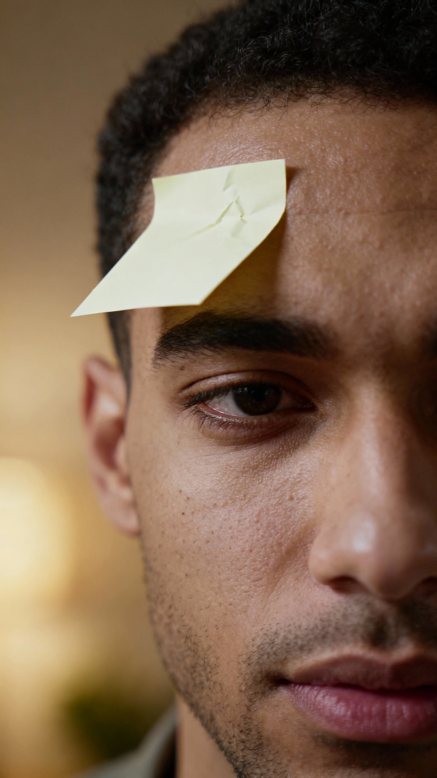 Closeup of sticky note on forehead, male, warm indoor lighting