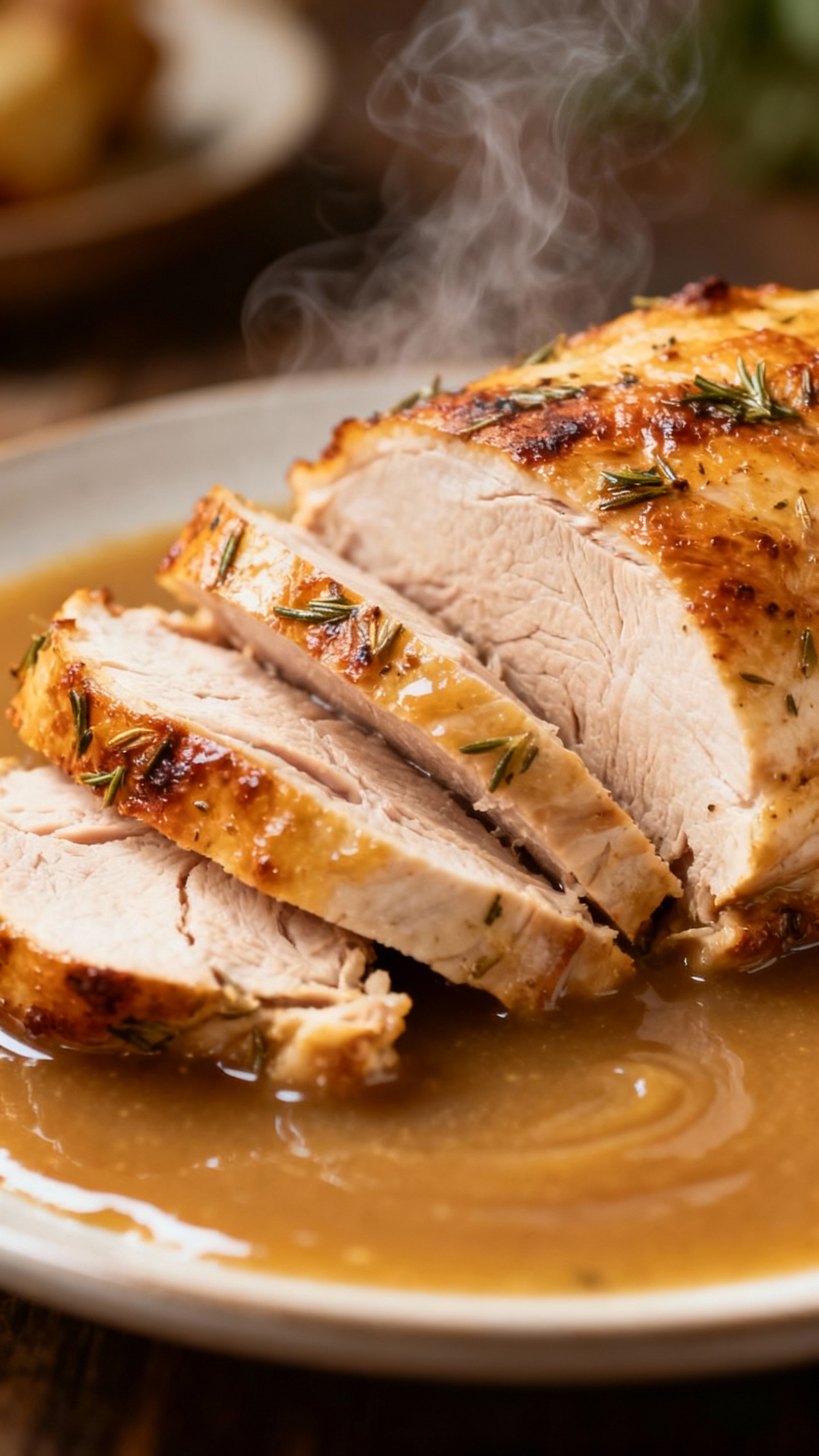 Closeup sliced herb-roasted turkey breast on gravy, steaming