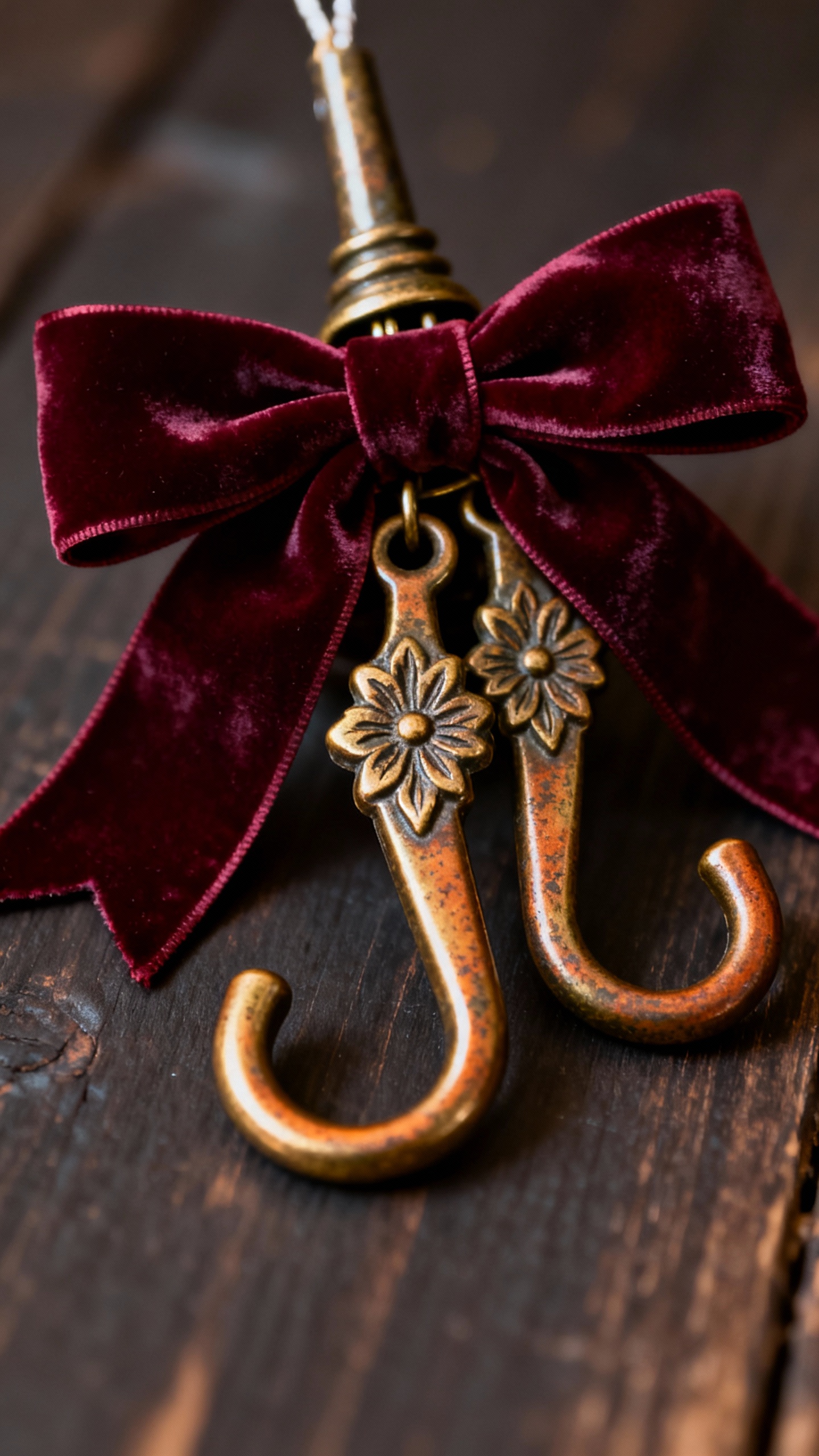 Closeup velvet ribbon bows tree topper, antique brass hooks