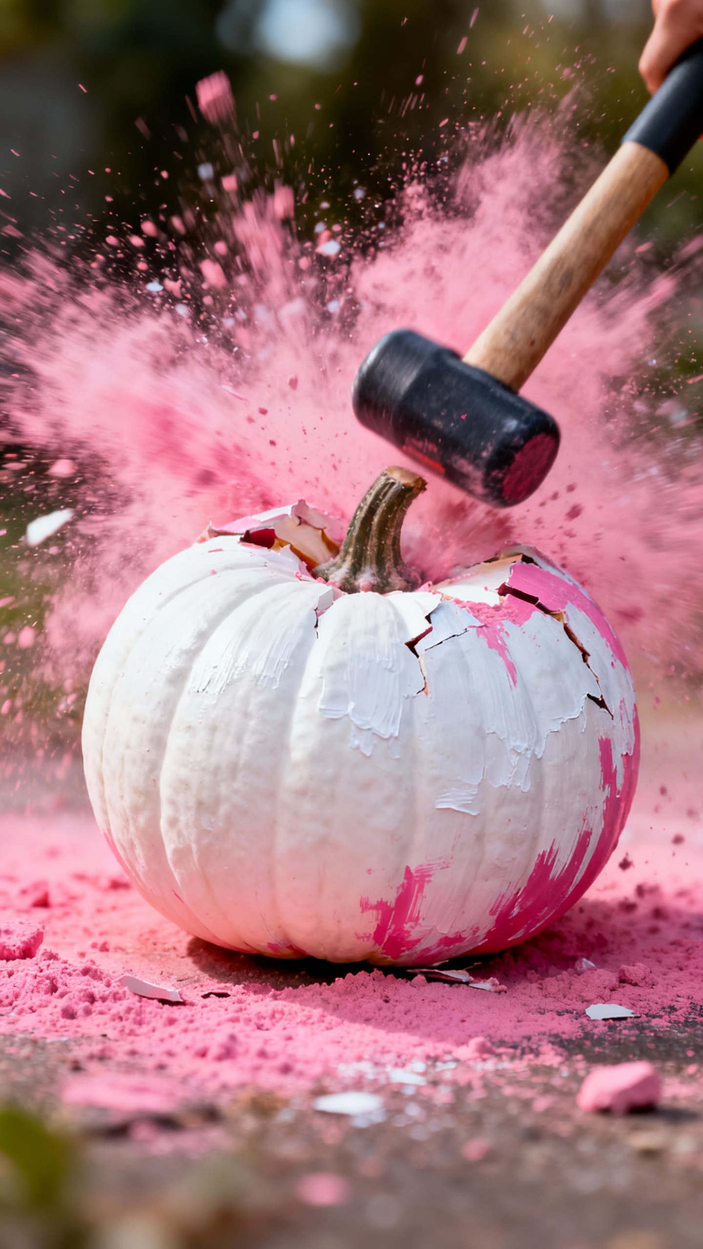 Closeup white-painted pumpkin mid-smash, pink powder burst, rubber mallet