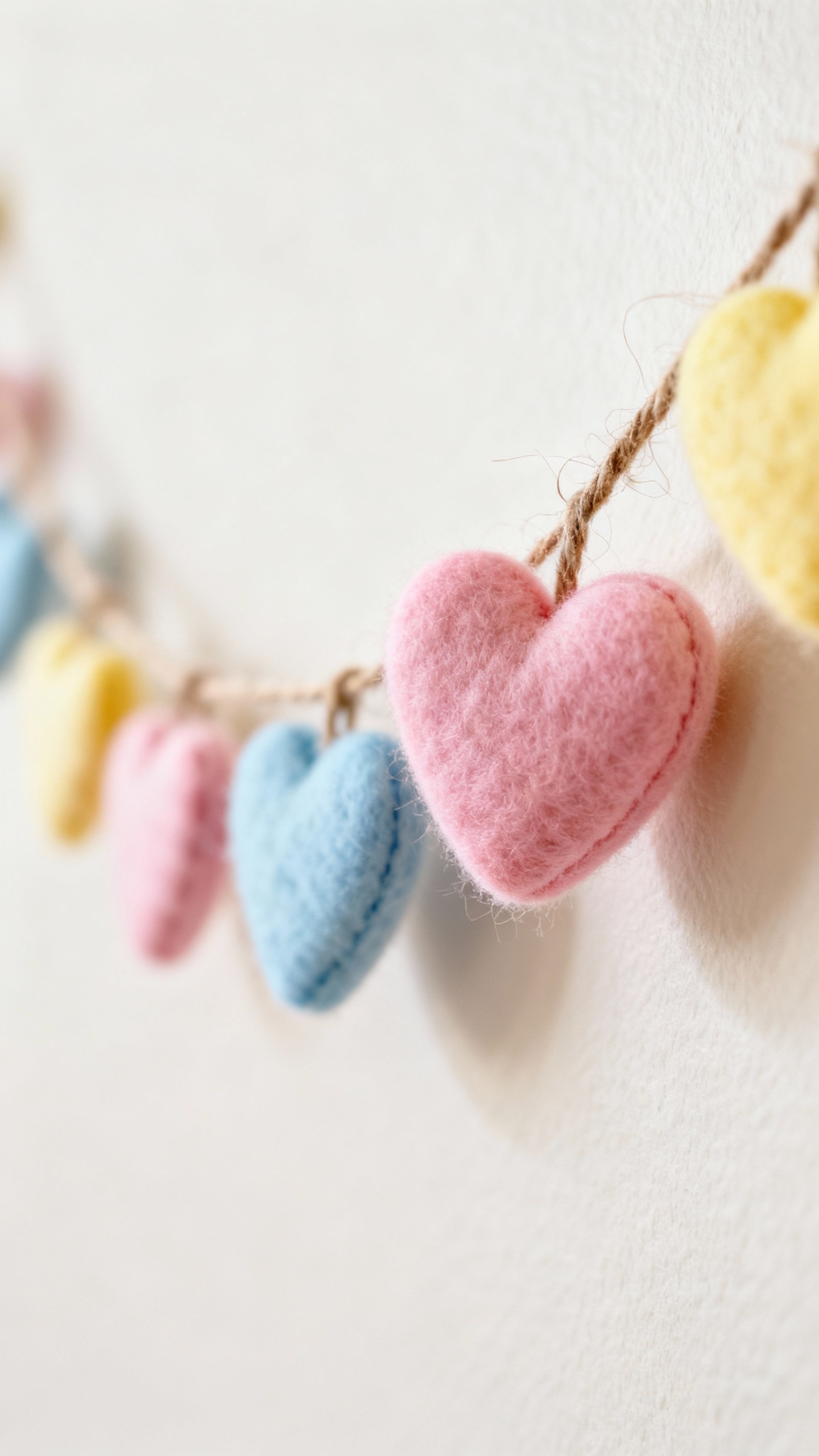 Detail shot of felt conversation hearts garland on twine, pastel textures