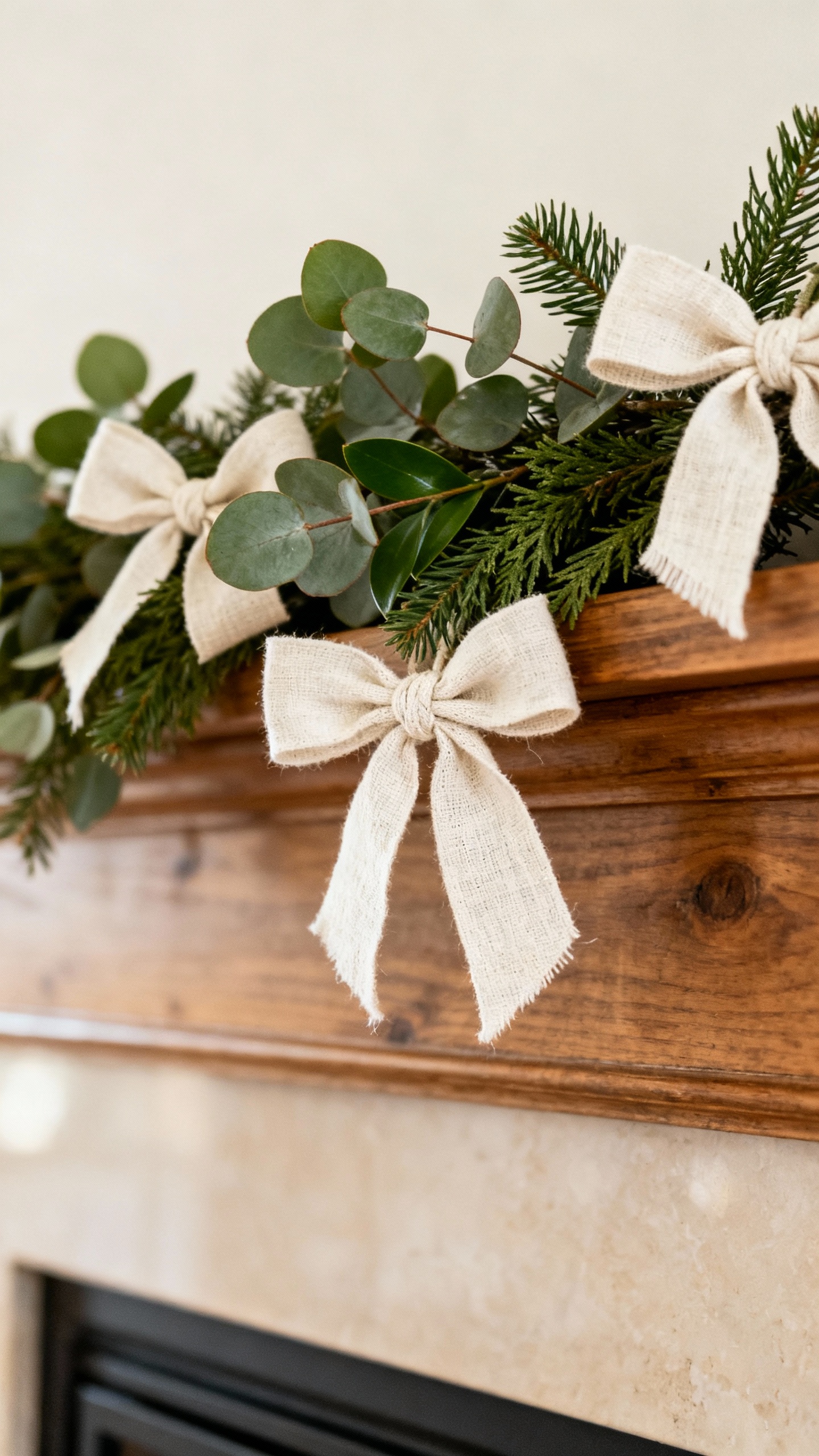Eucalyptus and cedar garland on mantel, linen ribbon bows