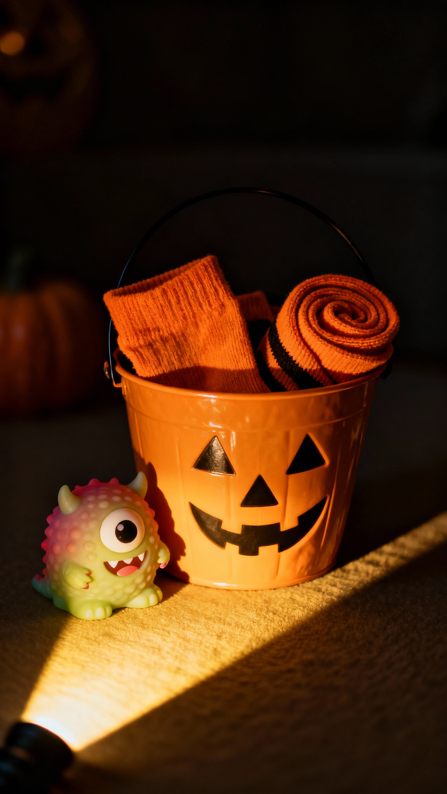 Flashlight beam illuminating pumpkin pail with rolled pumpkin-orange socks, squishy monster toy