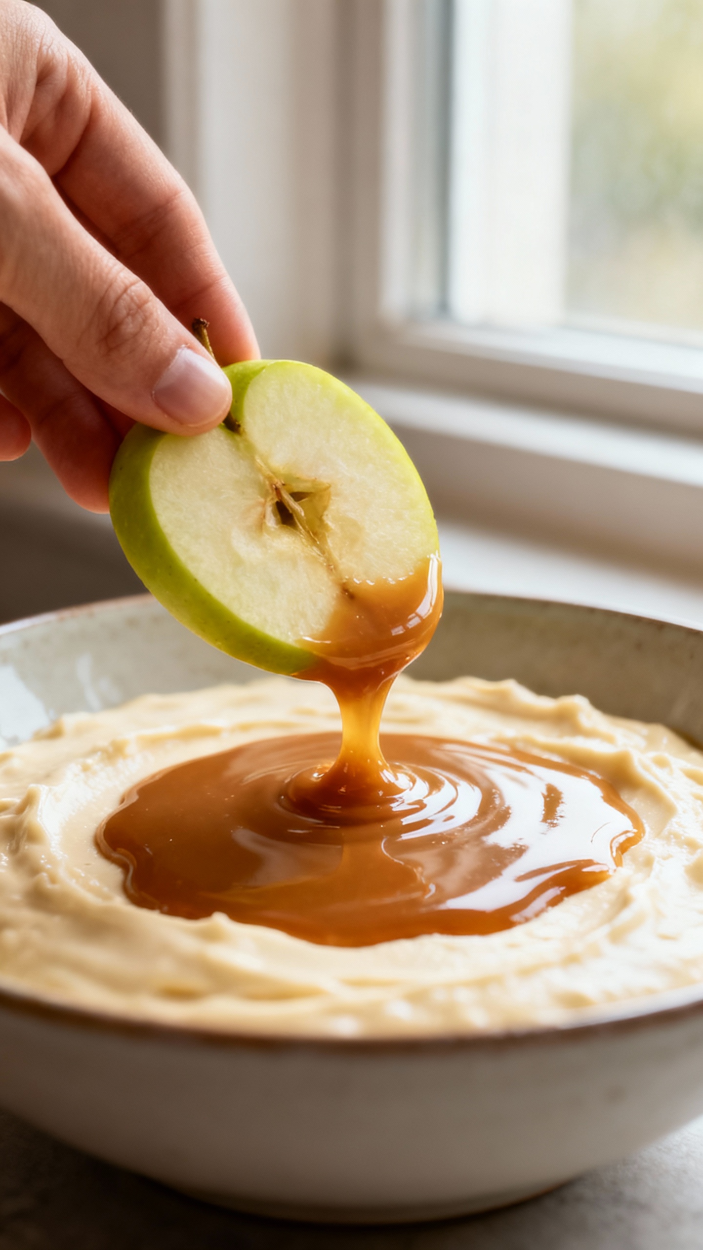 Hand dipping Granny Smith apple slice into glossy caramel over creamy base, shallow bowl, soft windo