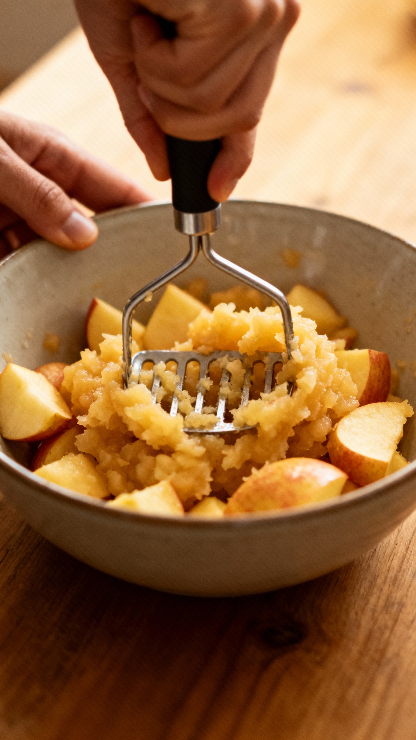 Hands mashing cooked apples with potato masher, chunky texture