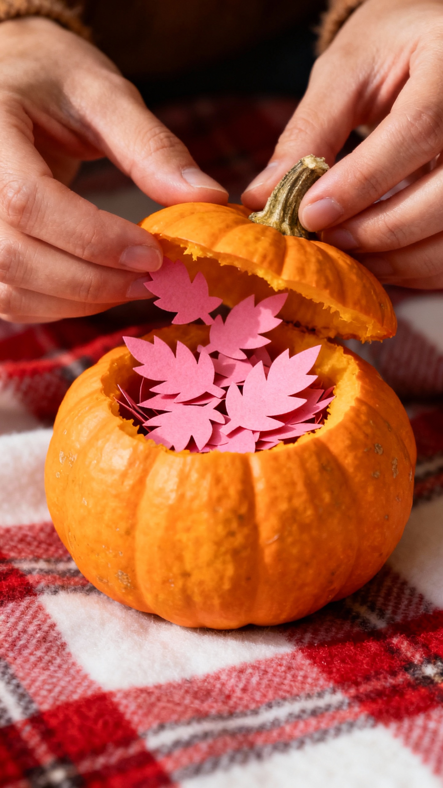 Hands opening mini pumpkin, pink leaf confetti spilling, plaid blanket backdrop