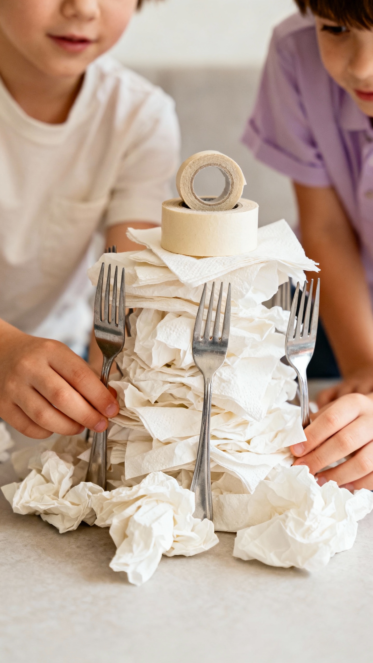 Kids’ hands stacking napkins, forks, and tape tower