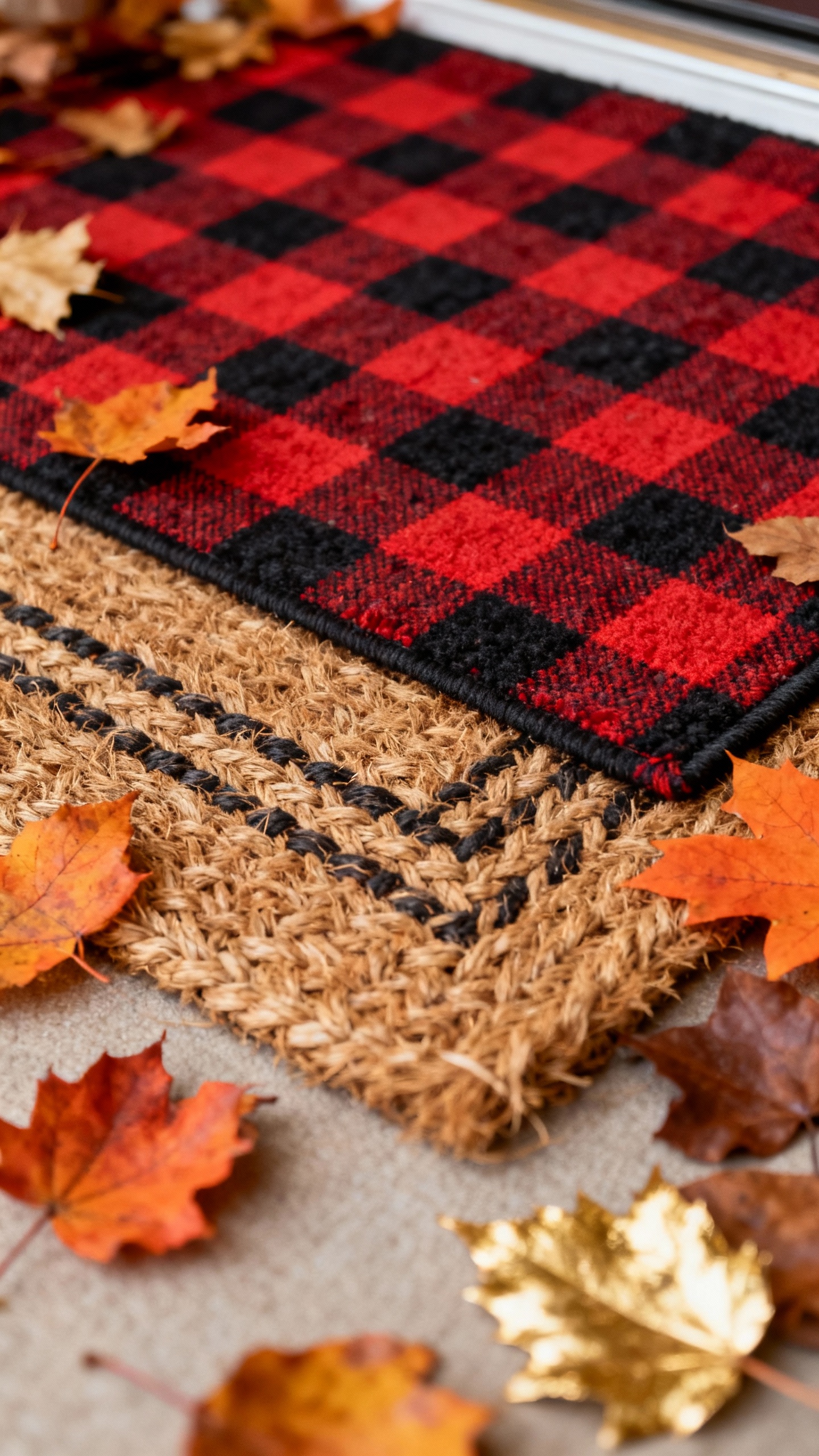 Layered buffalo check rug with coir doormat, fall leaves