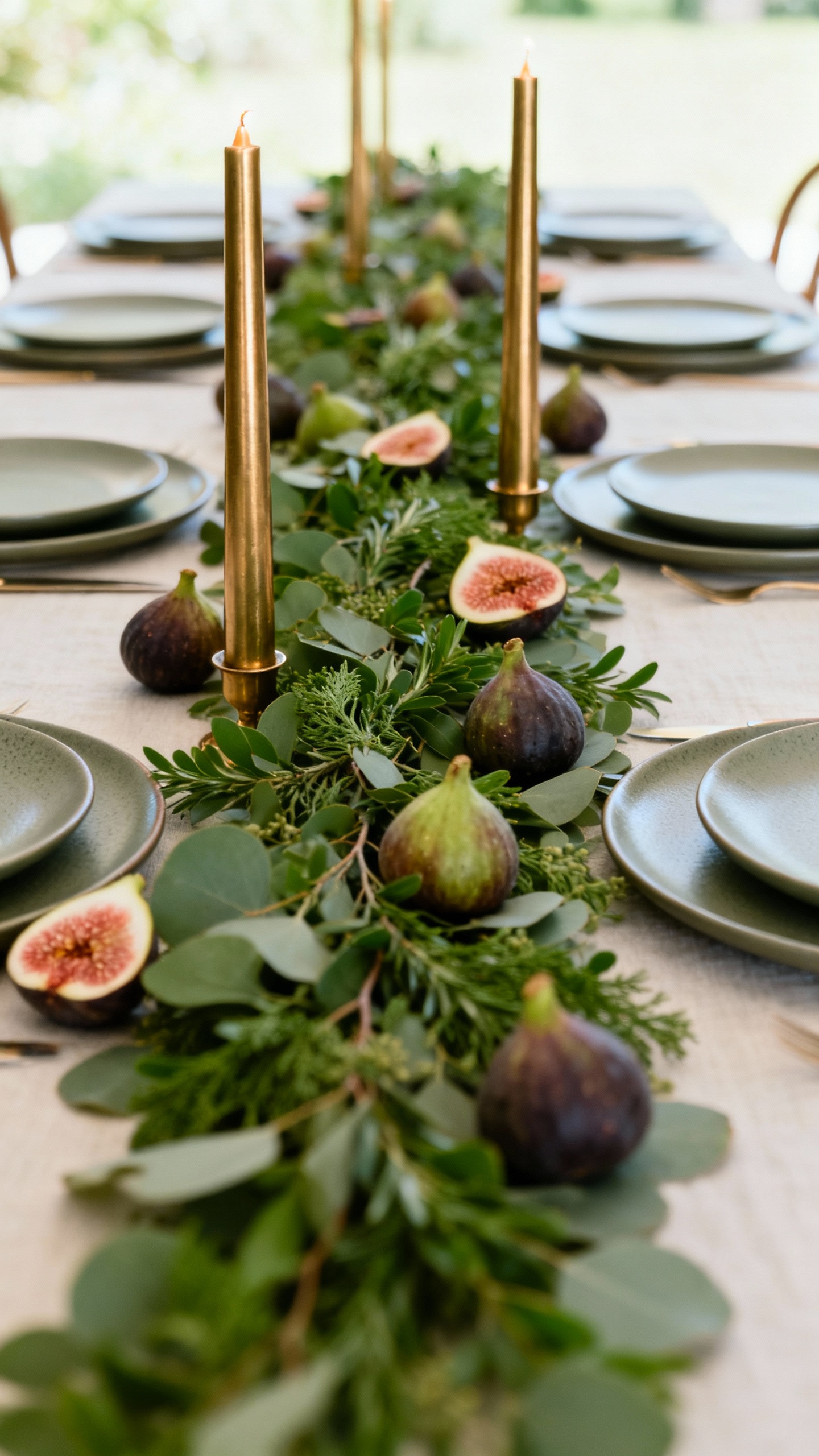 Low tablescape greenery runner, brass tapers, figs, matte plates