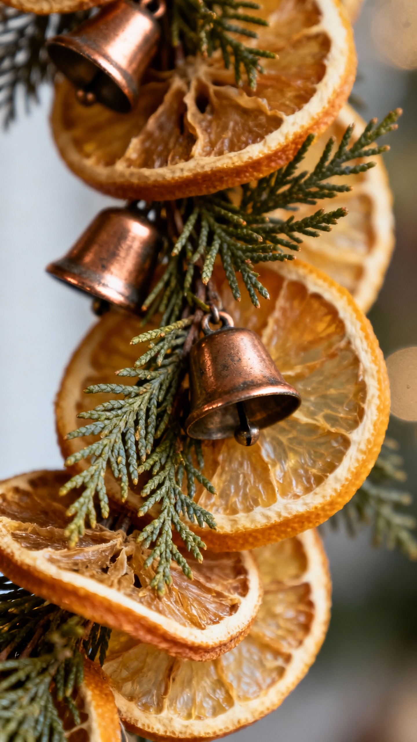 Macro shot dried orange garland with cedar, copper bells