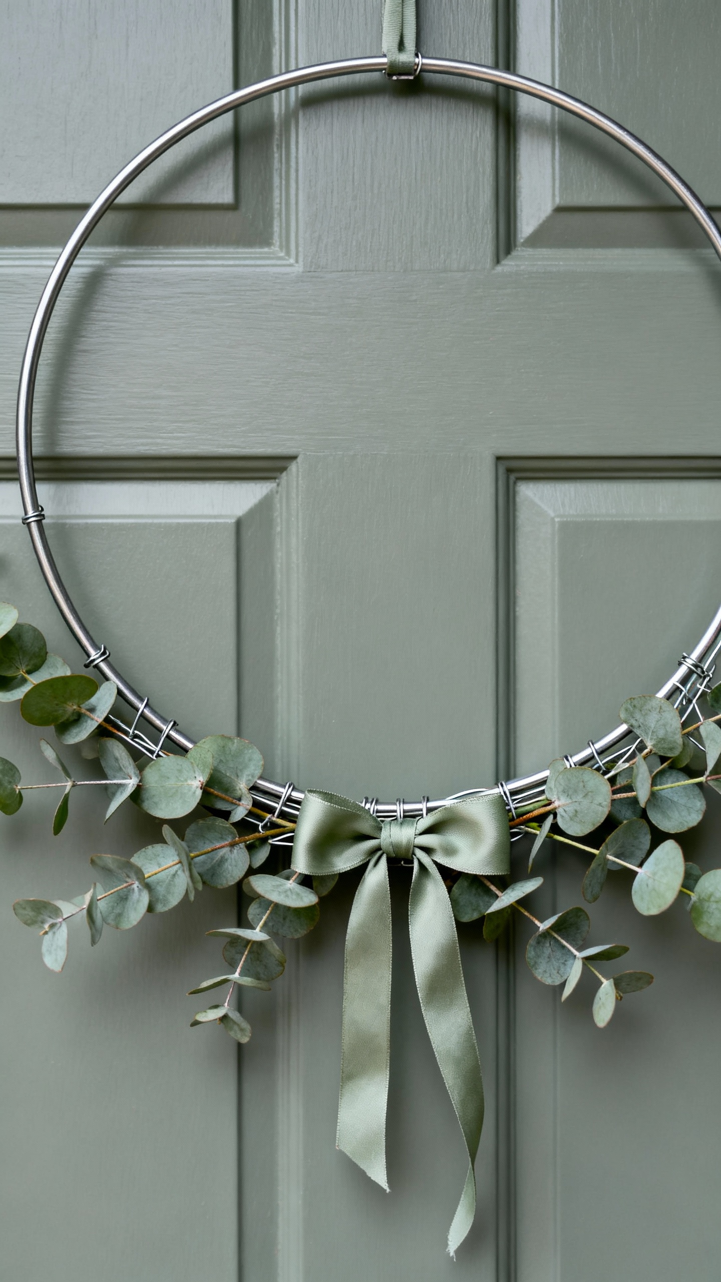 Minimalist metal hoop wreath detail, eucalyptus wired on bottom third, soft ribbon bow, matte door s