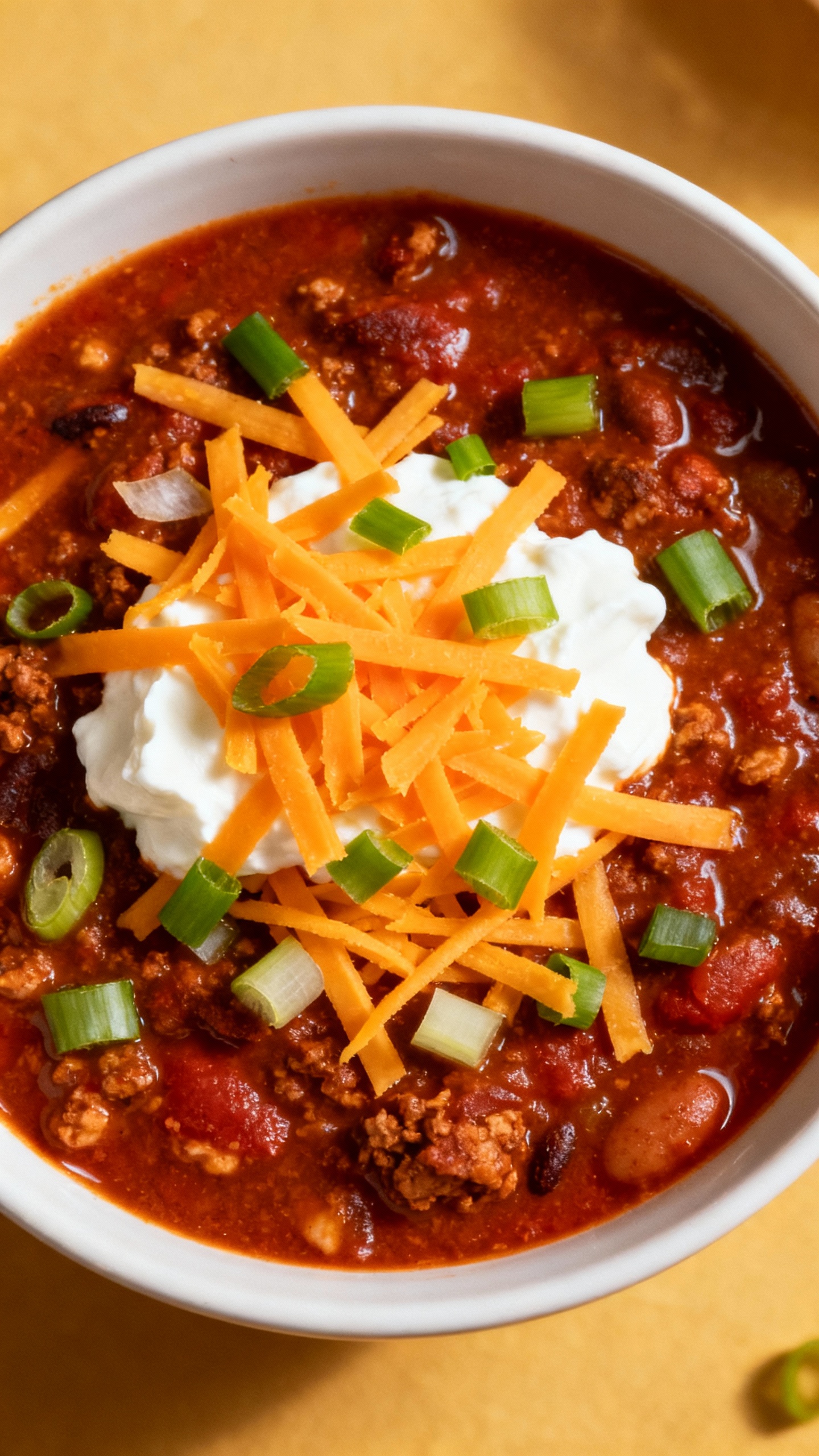 Overhead bowl of chili with shredded cheddar, sour cream, green onions