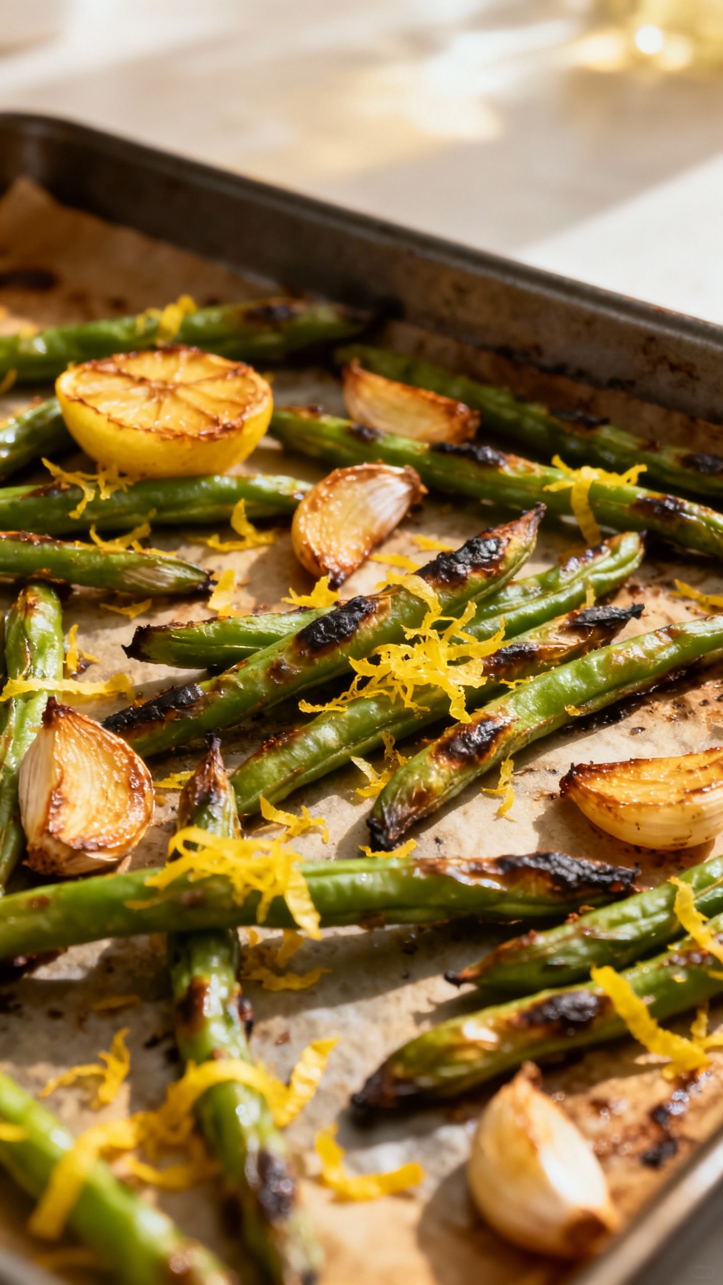 Overhead roasted green beans with sliced garlic, lemon zest