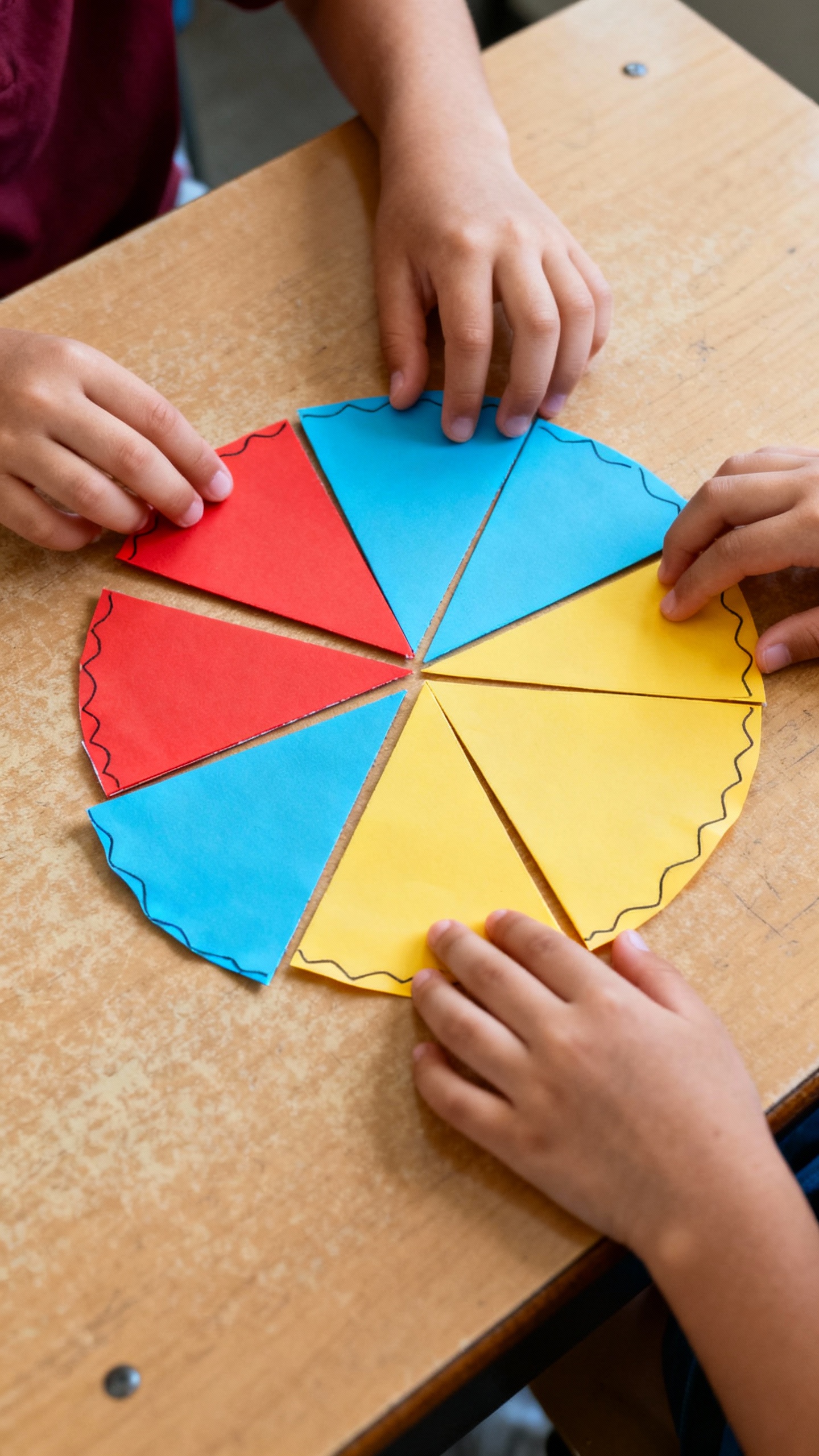 Overhead shot of kids’ hands assembling paper pie fraction slices on desk