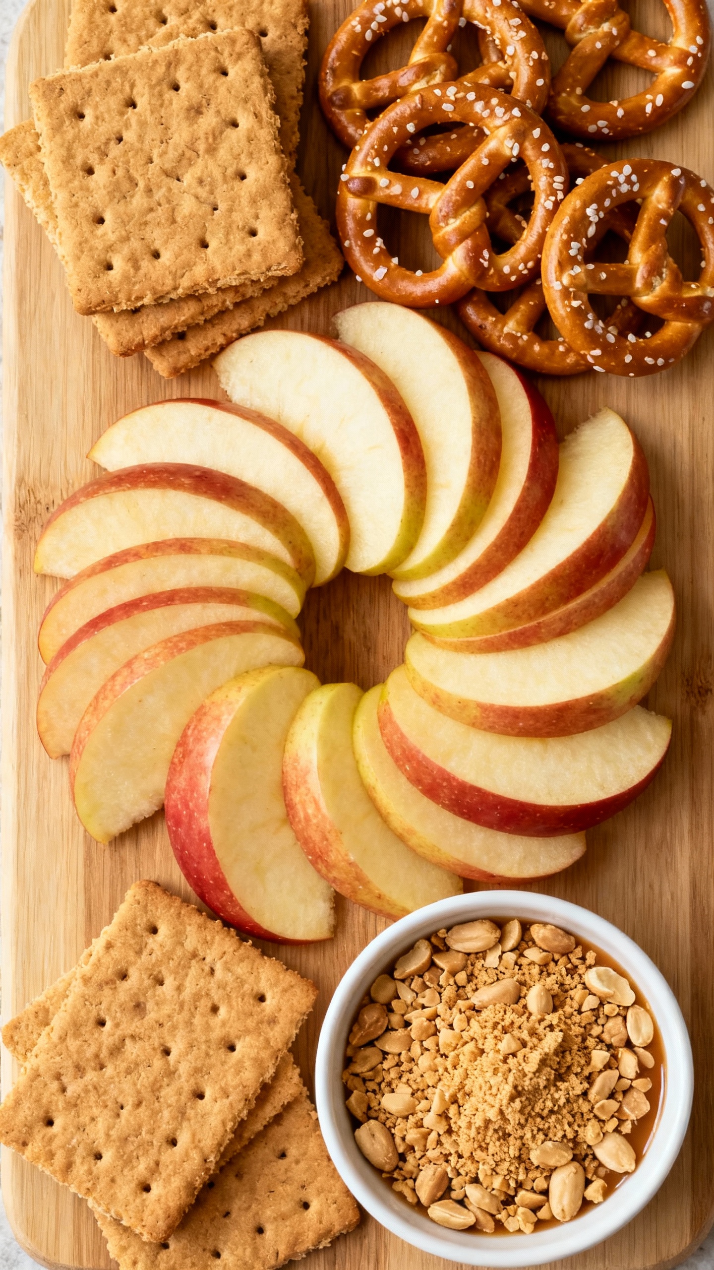 Overhead snack board: sliced Honeycrisp apples fanned, pretzels, graham crackers, small bowl of crus