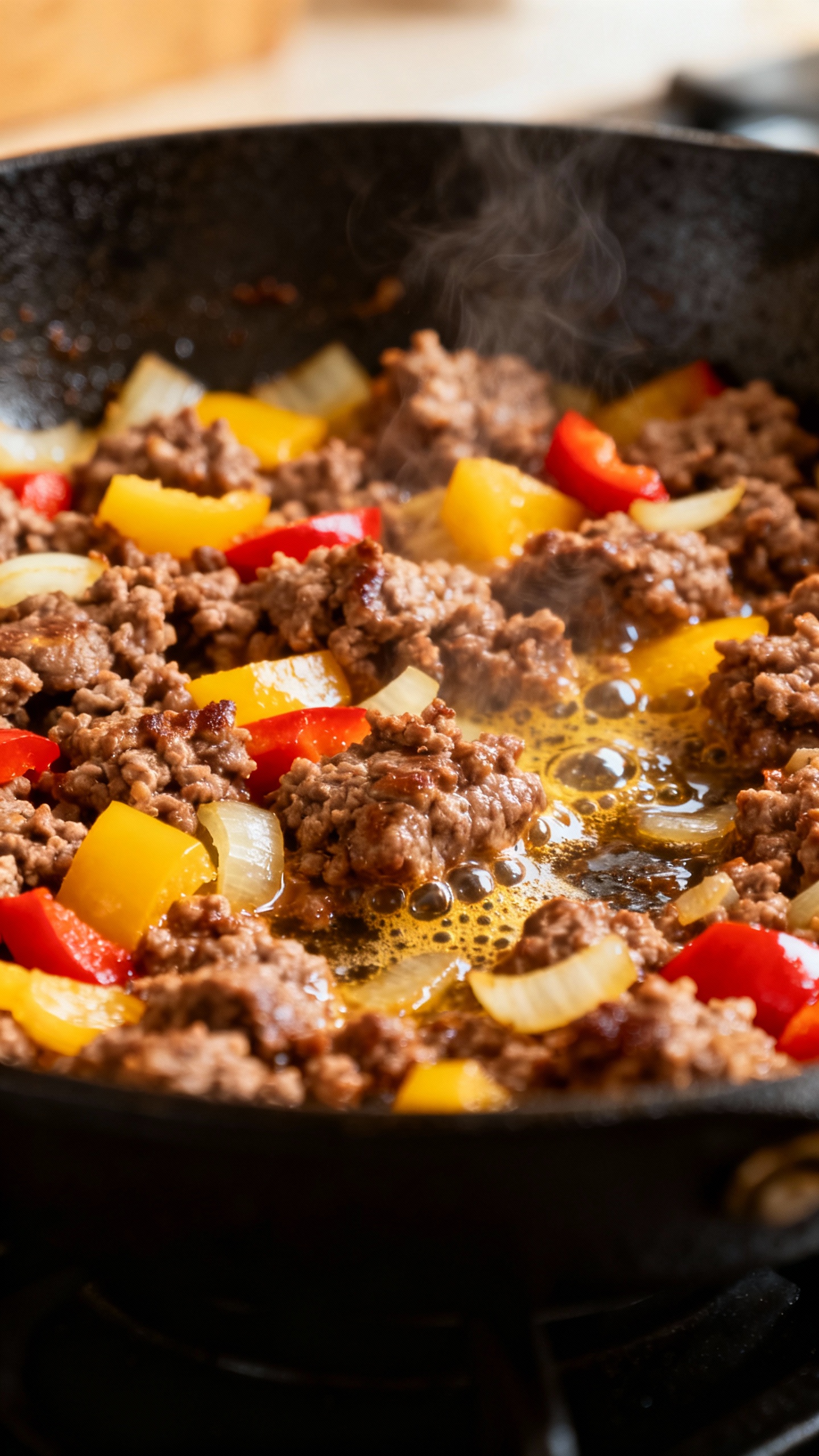 Skillet browning ground beef with diced onion and bell pepper, sizzling fat