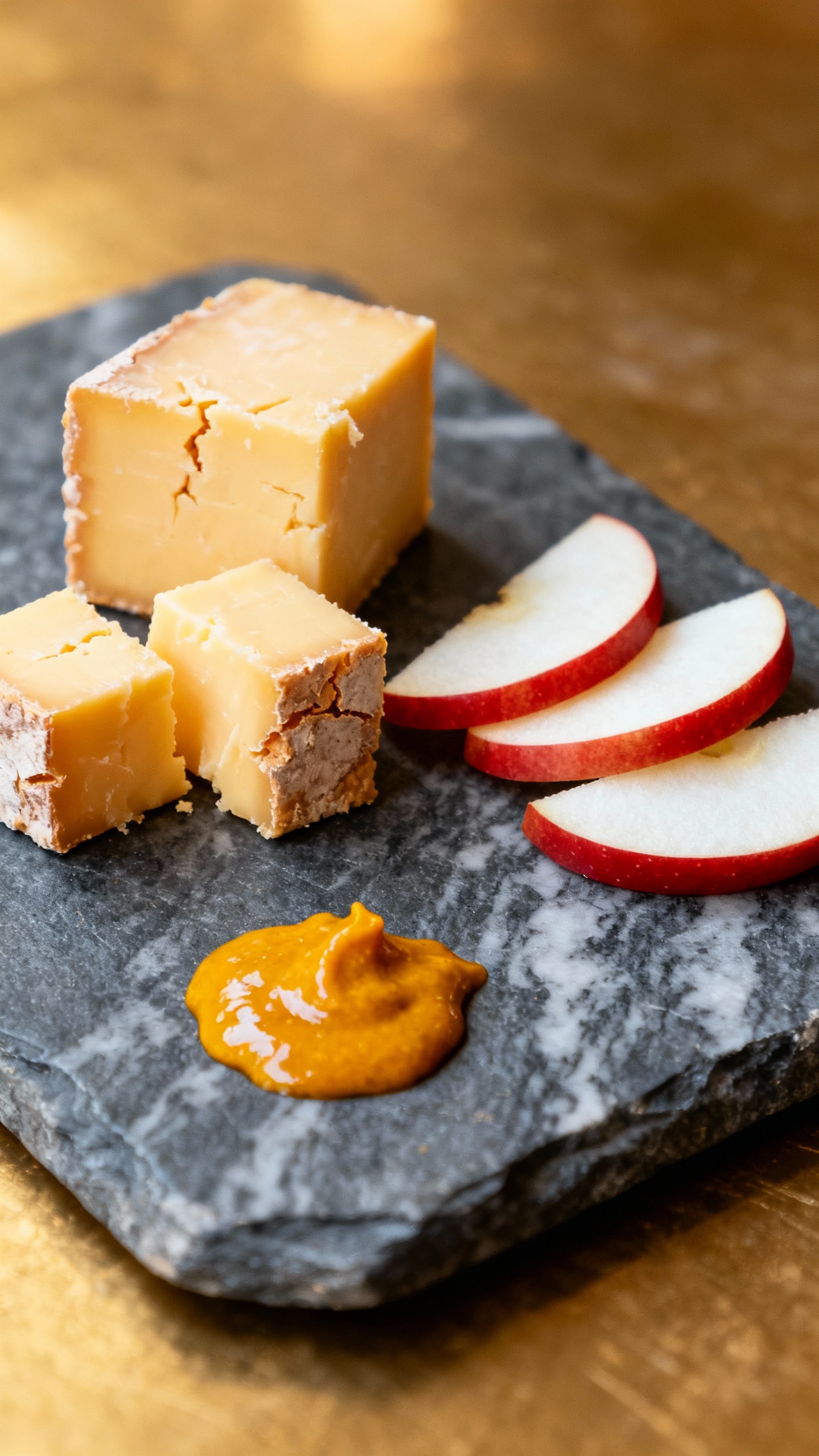 Slate board closeup: aged cheddar, apple slices, mustard dollop