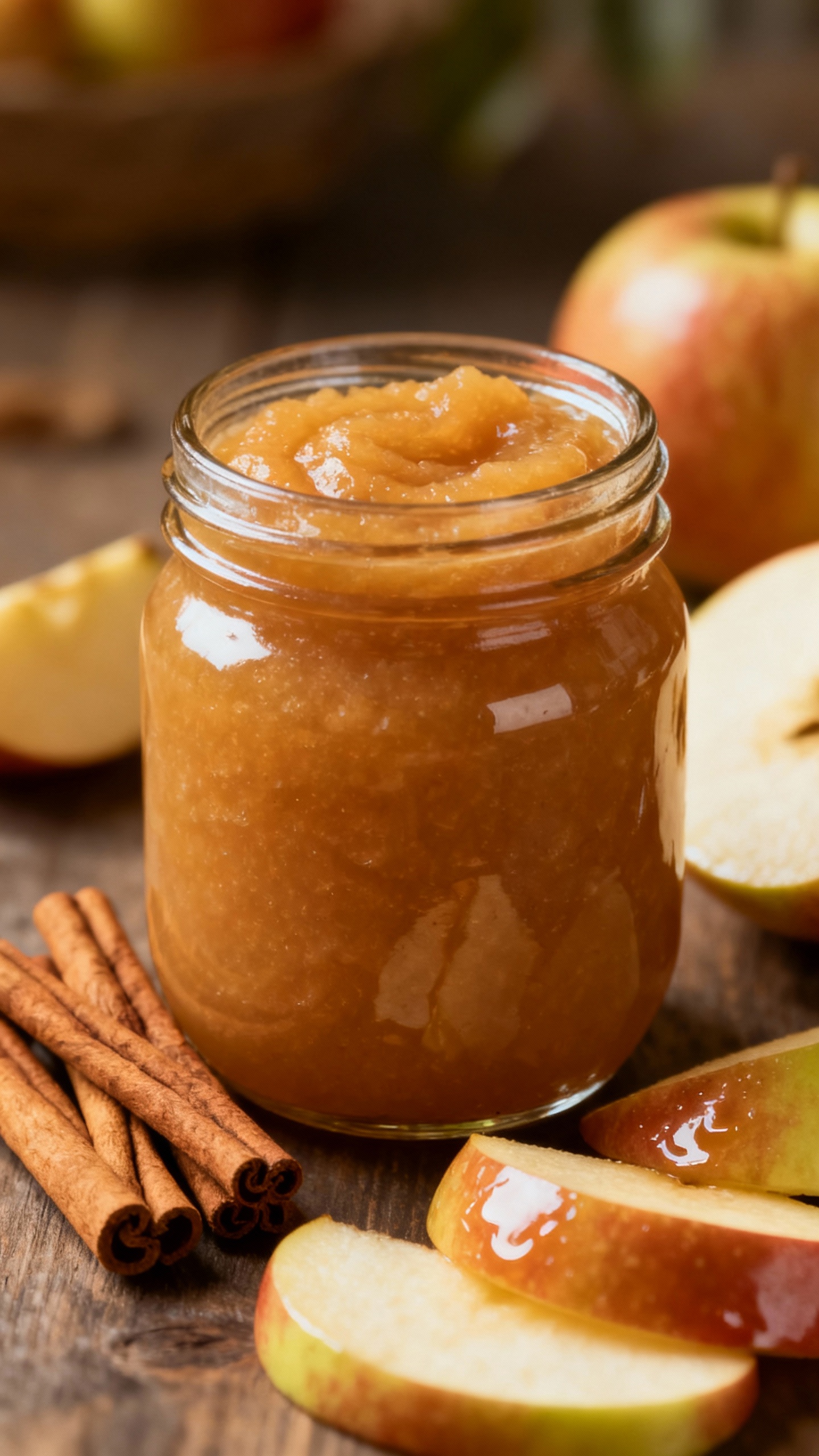 Smooth applesauce in glass jar, cinnamon sticks, apple slices, cozy light