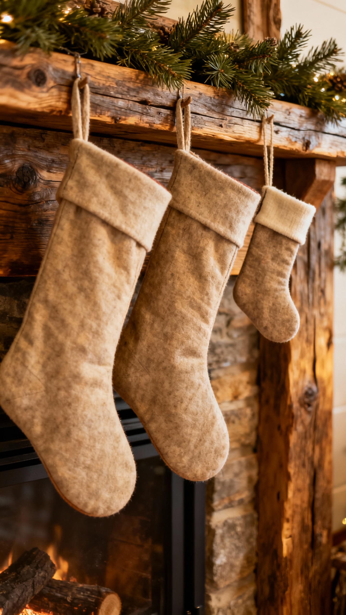 Three stockings on rustic mantel, added mini stocking, wood textures, pine garland
