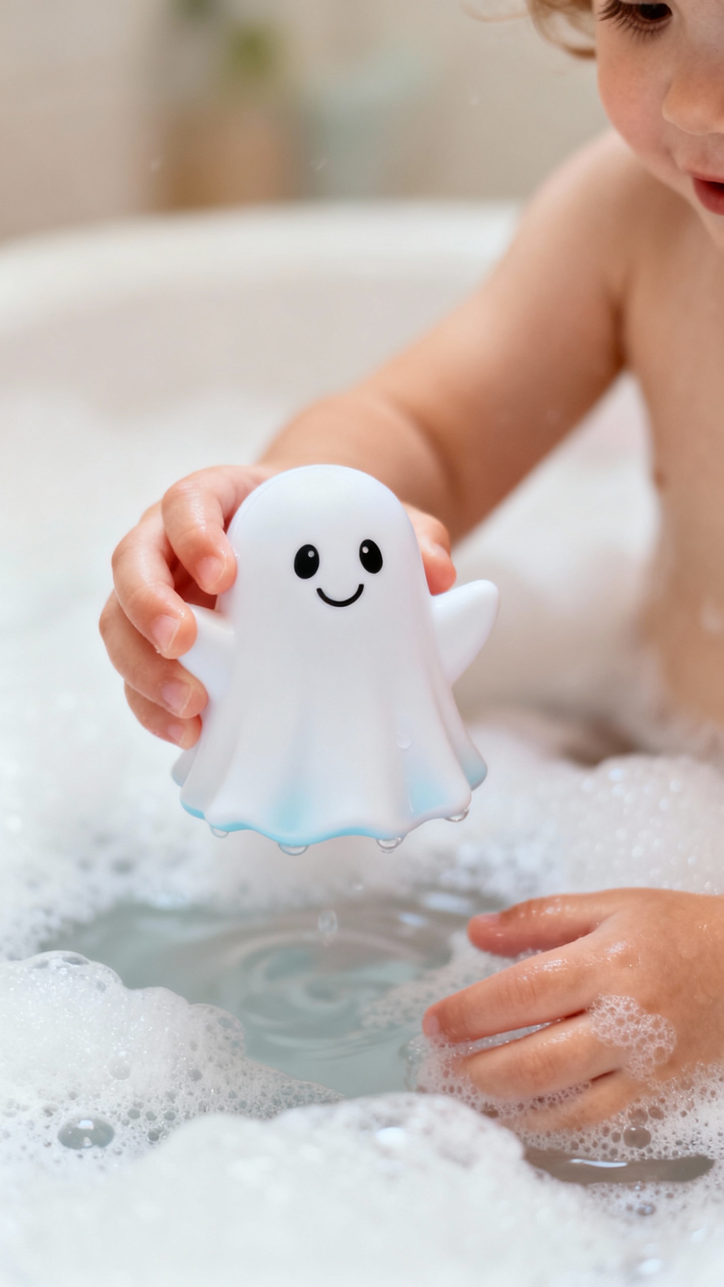 Toddler hands holding ghost bath toy over foamy bubbles, soft lighting