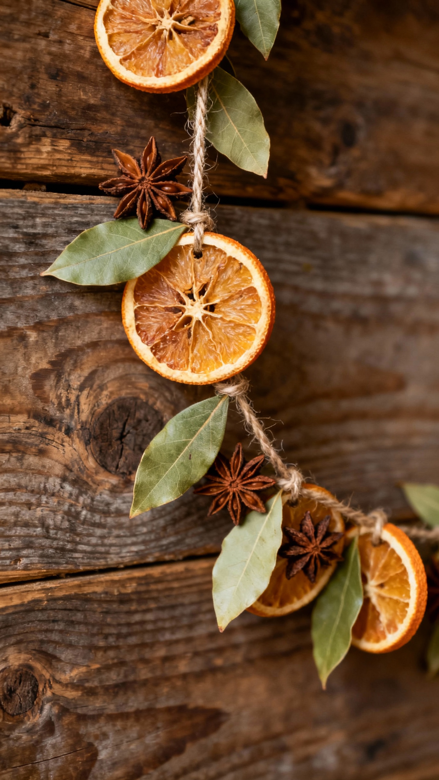 Twine-threaded dried orange and bay leaf garland, star anise, rustic wood backdrop