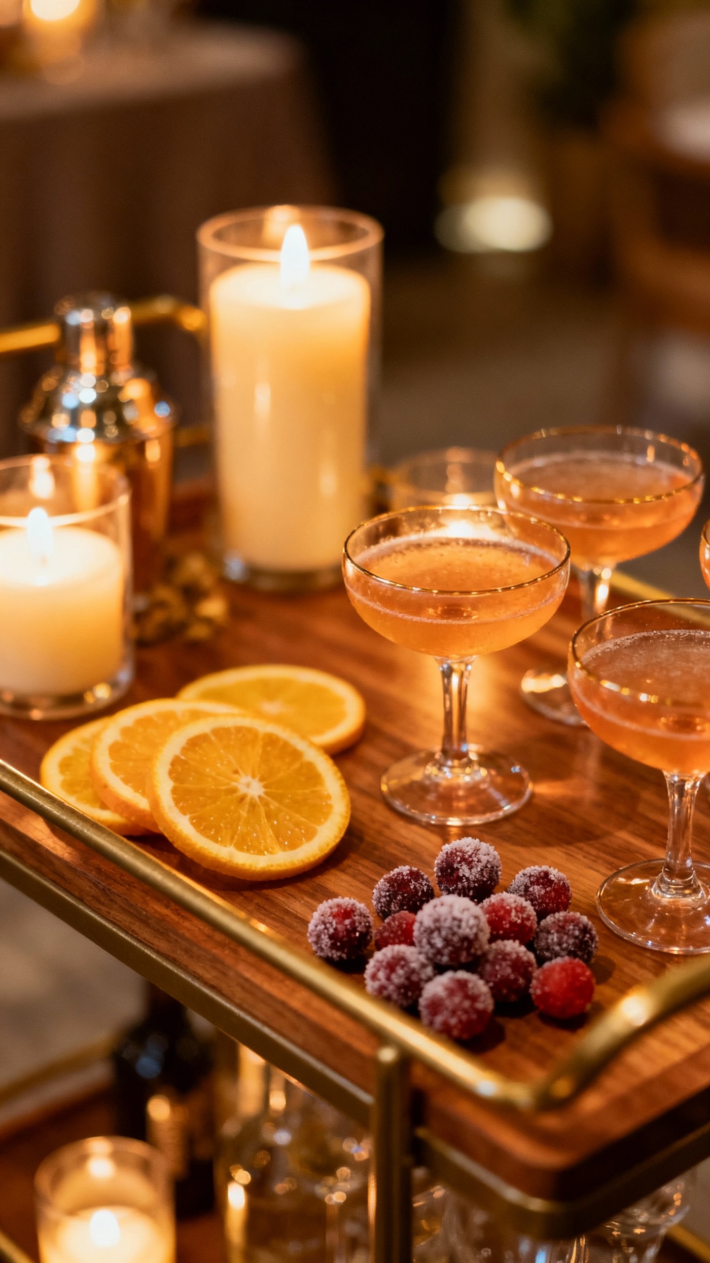 Warm candlelit bar cart garnish station—citrus wheels, sugared berries, coupe glasses
