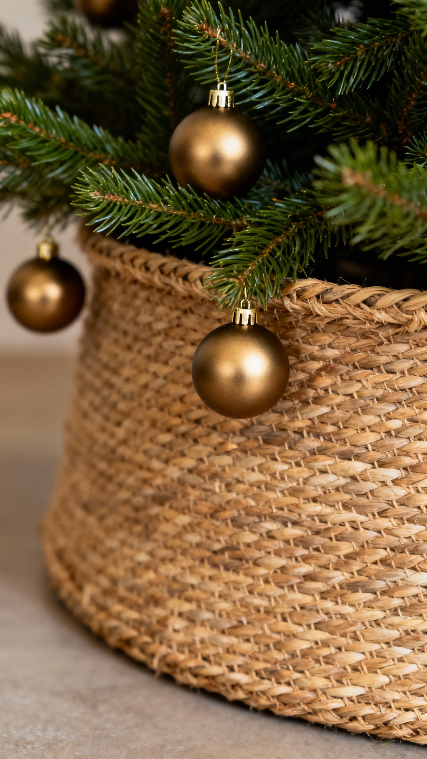 Woven basket tree collar with matte brass ornaments, pine needles