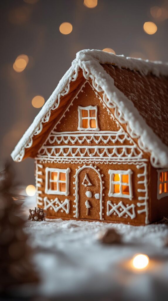 “A Nordic-style gingerbread lodge with simple geometric icing, wood tones