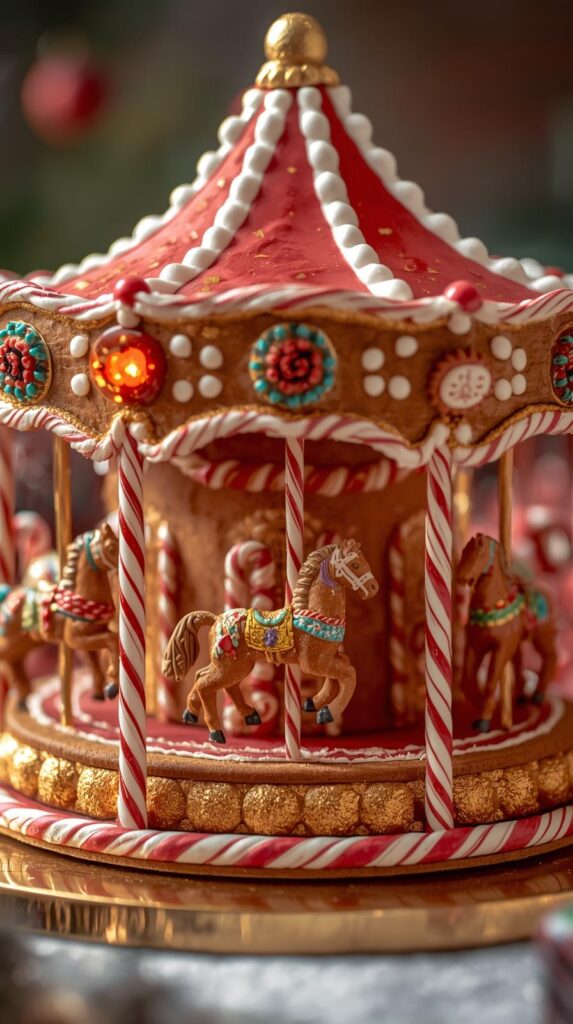 “A circular candy carousel gingerbread house with peppermint poles,