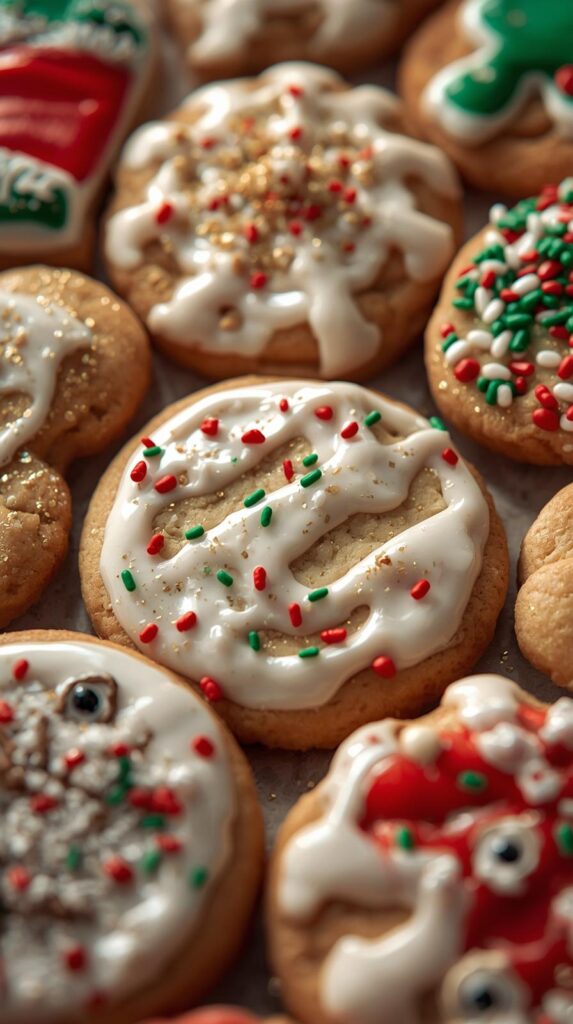 A close-up of beautifully and poorly decorated Christmas cookies, showing creative and funny designs