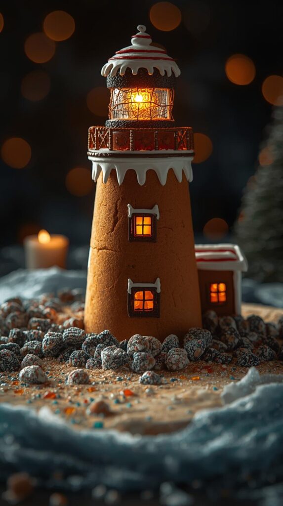 “A coastal gingerbread lighthouse glowing with sugar glass windows,