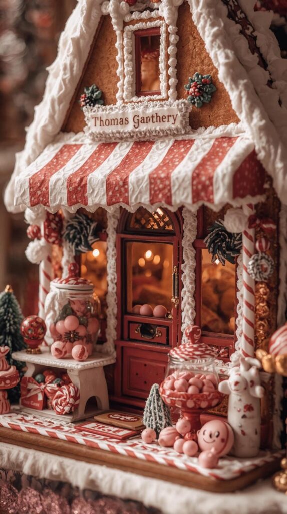 “A pastel gingerbread candy shop with striped awnings, candy jars, and lollipop