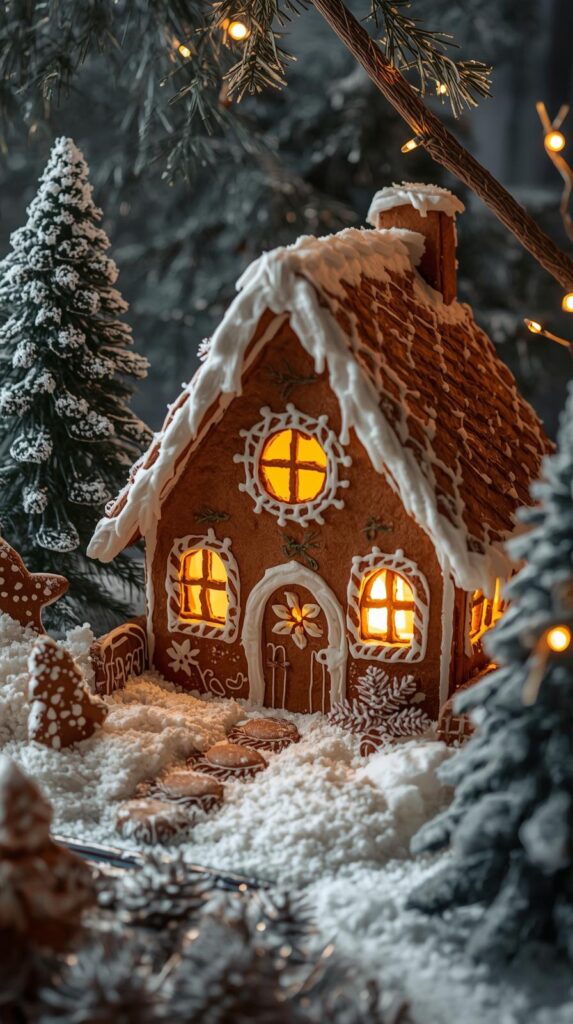A whimsical gingerbread woodland cottage surrounded by frosted trees, glowing windows,