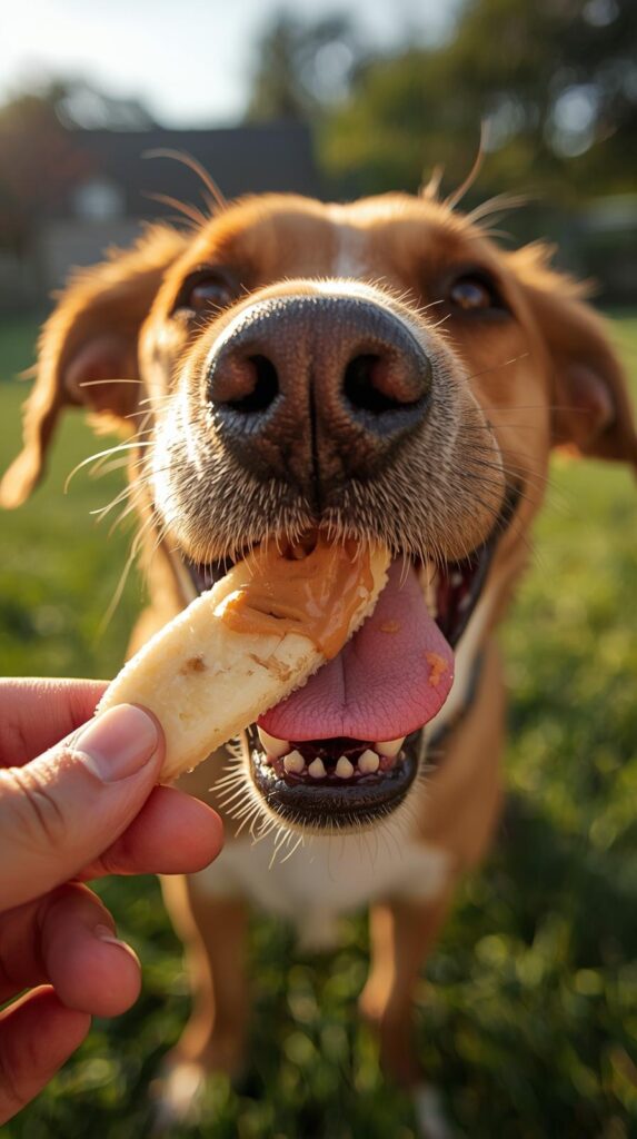 Action shot of a happy dog outdoors on a sunny day, caught mid-lick of a frozen peanut butter banana bite. The treat should be clearly visible, showing its frozen texture. 