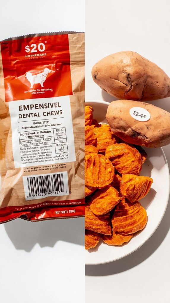 Clean, educational side-by-side comparison: Left side shows expensive commercial dental chews in packaging with price tag visible ($20+) and a long ingredient list with confusing terms. 