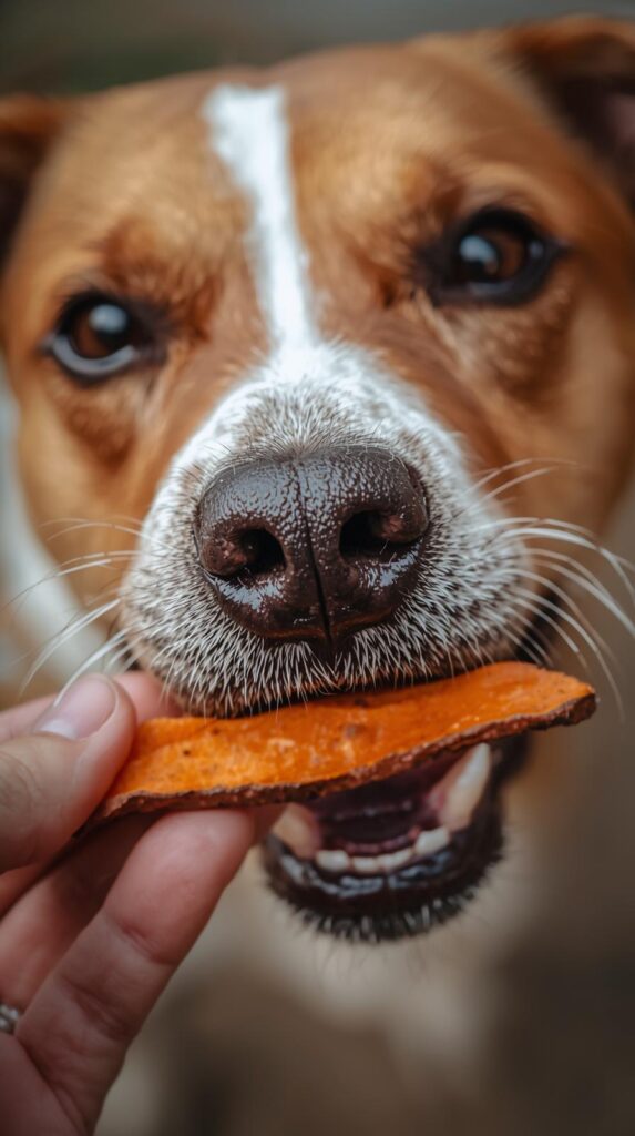 Close-up action shot of a dog actively chewing on a dehydrated sweet potato chew.
