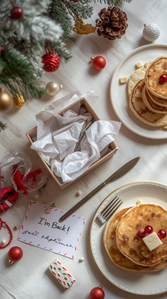 Design a flat lay of an Elf on the Shelf arrival setup_ a small box with tissue paper, mini