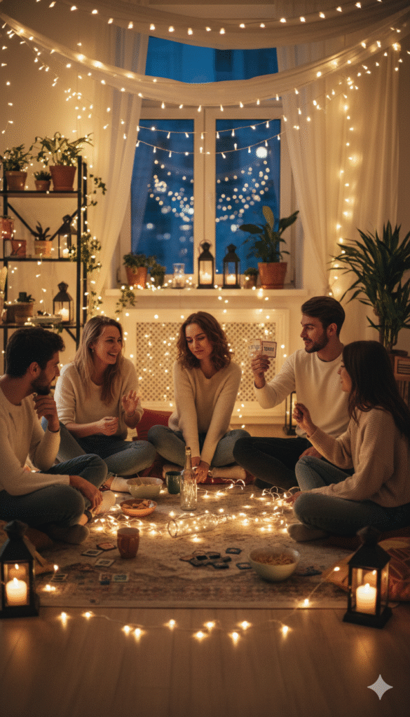 Friends playing Truth or Dare surrounded by fairy lights