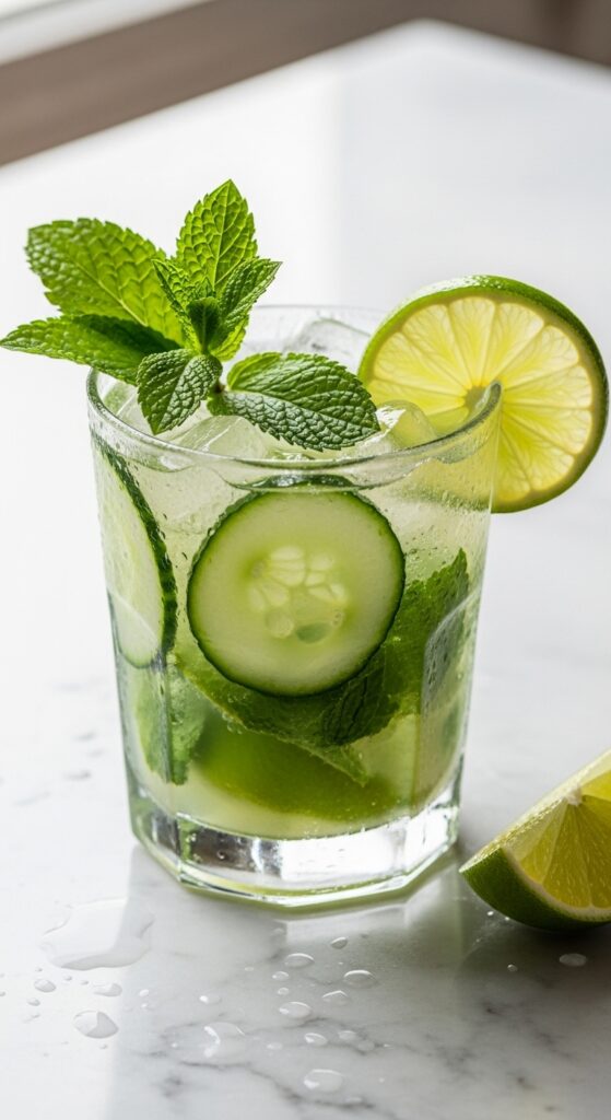 Soft green mojito with cucumber slices, mint leaves, and lime wedges on a marble countertop.
