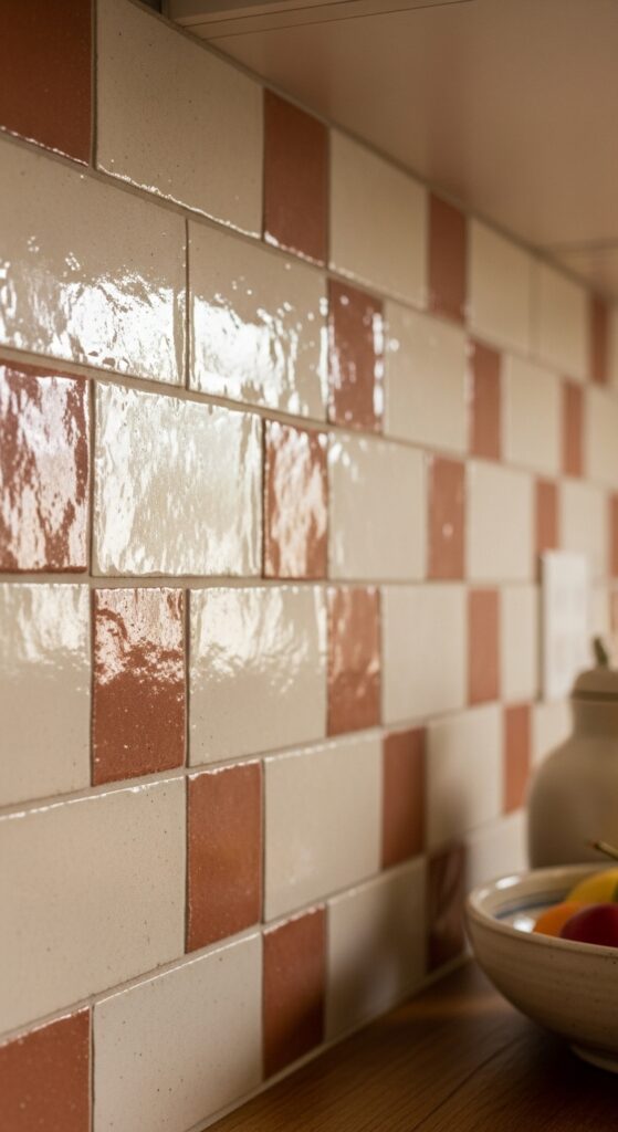 A textured zellige tile backsplash with uneven handmade style