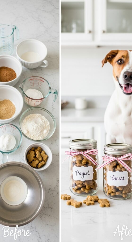 Split image showing before and after: Left side shows ingredients and mixing process for dog treats with measuring cups and bowls on a counter.