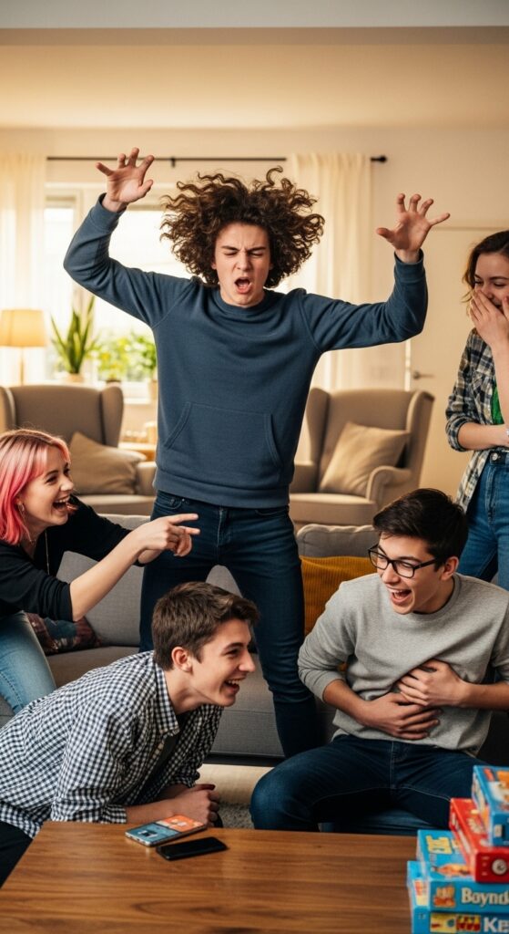 Teens playing charades with exaggerated gestures and laughter