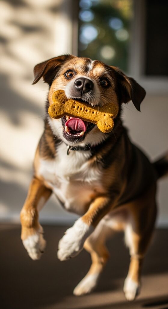 Action shot of a happy dog (mixed breed preferred for relatability) enthusiastically catching or eating a homemade dog treat mid-air. The background should be slightly blurred, suggesting outdoor or bright indoor setting.