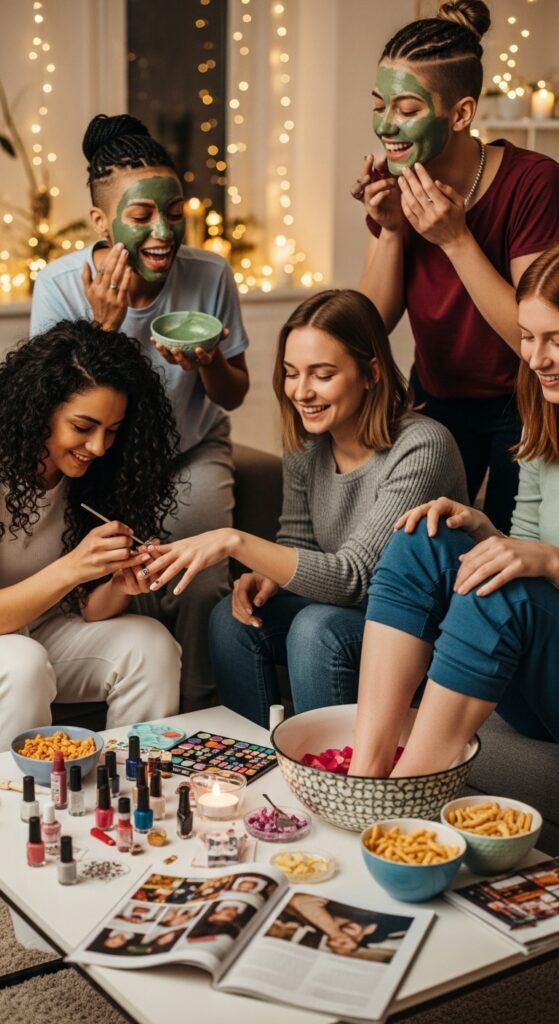 Friends doing nail art during a DIY spa night
