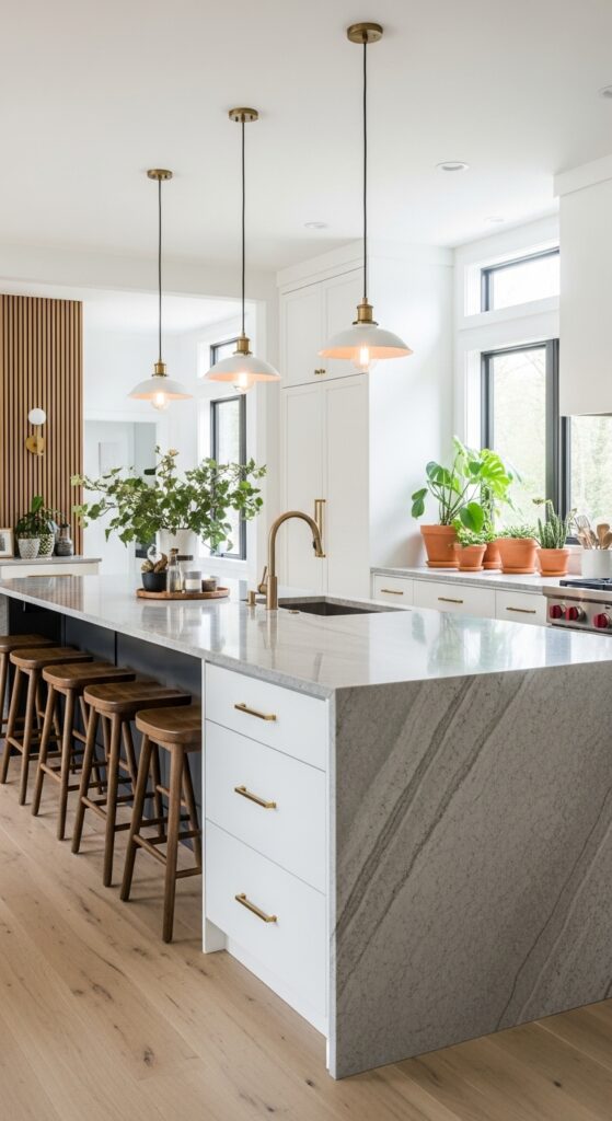 A massive kitchen island with seating for six