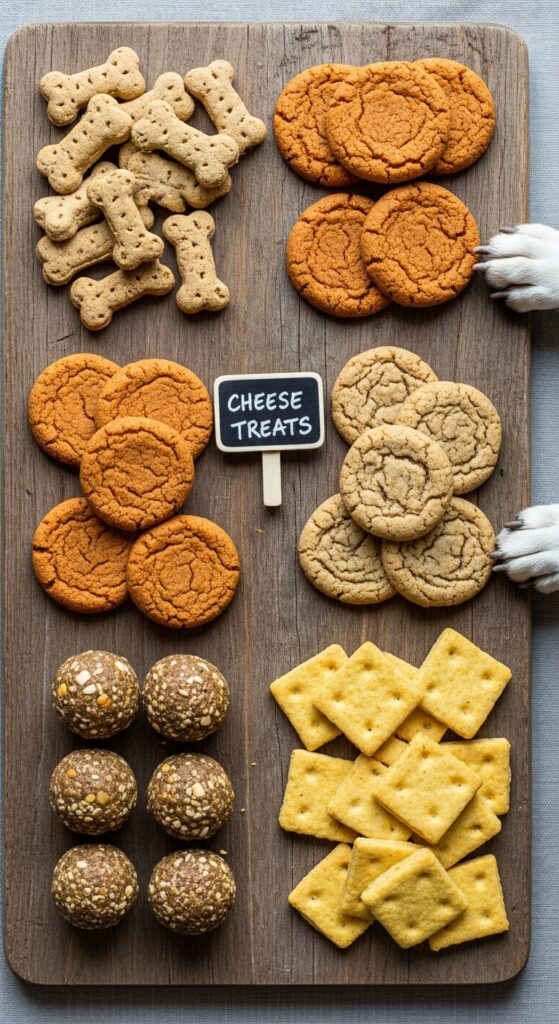 Flat lay of finished dog treats arranged by type on a rustic wooden board: bone-shaped biscuits, round sweet potato cookies, ball-shaped no-bake treats, and square cheese crackers.