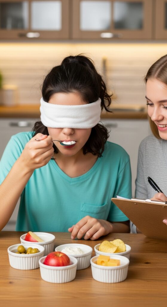 Blindfolded teen guessing foods during a taste test